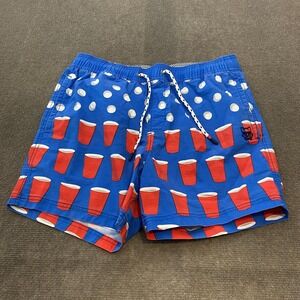 Party Pants Shorts Mens Medium Blue Beer Pong Red Cup Swim Trunks Novelty
